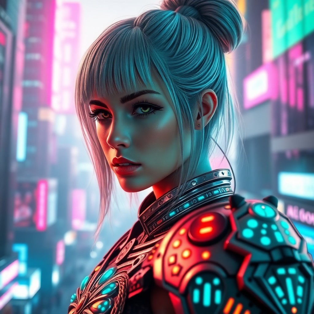 AI generated art for prompt: A cyberpunk warrior woman stands in a futuristic cityscape, her portrait rendered in ethereal digita