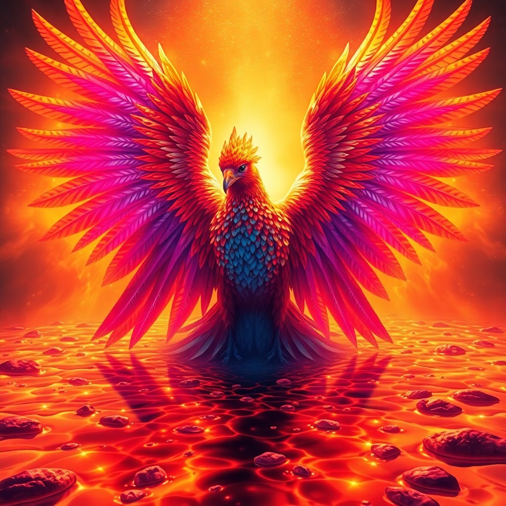 AI generated art for prompt: A grand portrait depicts an awe-inspiring phoenix arising from a gleaming pool of molten amber, remi