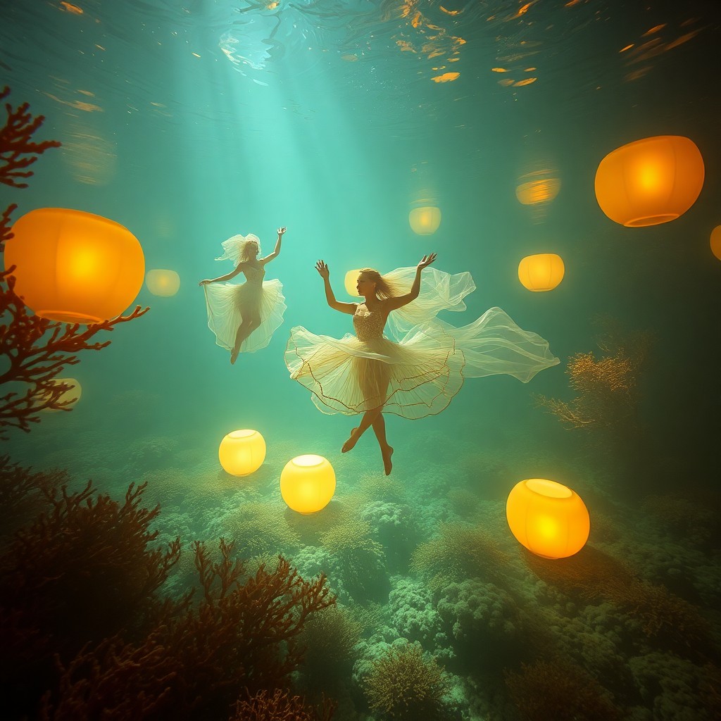 AI generated art for prompt: Visualize an ethereal underwater performance reminiscent of surrealism, with dancers fashioned from 