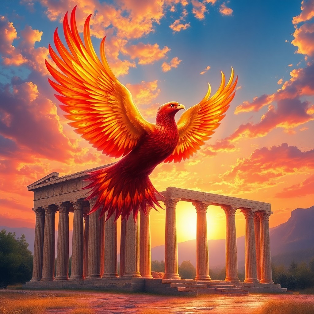 AI generated art for prompt: A majestic phoenix soars into a mesmerizing sunset sky, its feathers shimmering with an array of gol