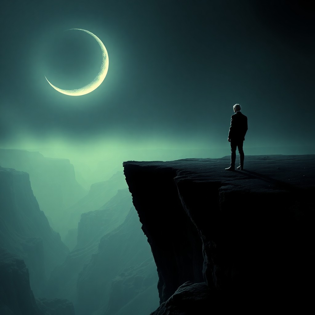 AI generated art for prompt: An enigmatic figure in an antiquated suit stands alone on a forsaken cliff bathed in lunar light, ga