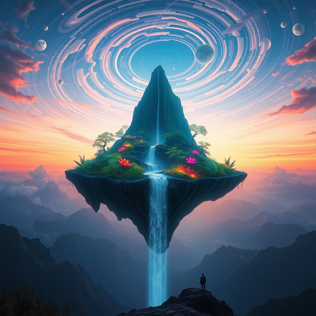 AI generated art for prompt: Craft an enchanting digital artwork showcasing a surreal dusk landscape, featuring a magnificent wat