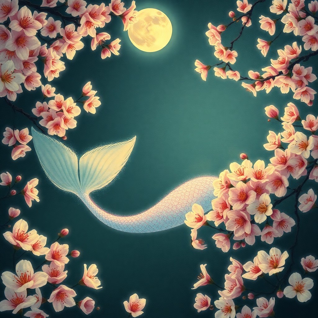 AI generated art for prompt: In a moonlit garden, a shimmering mermaid swims gracefully among ancient cherry blossoms, her irides