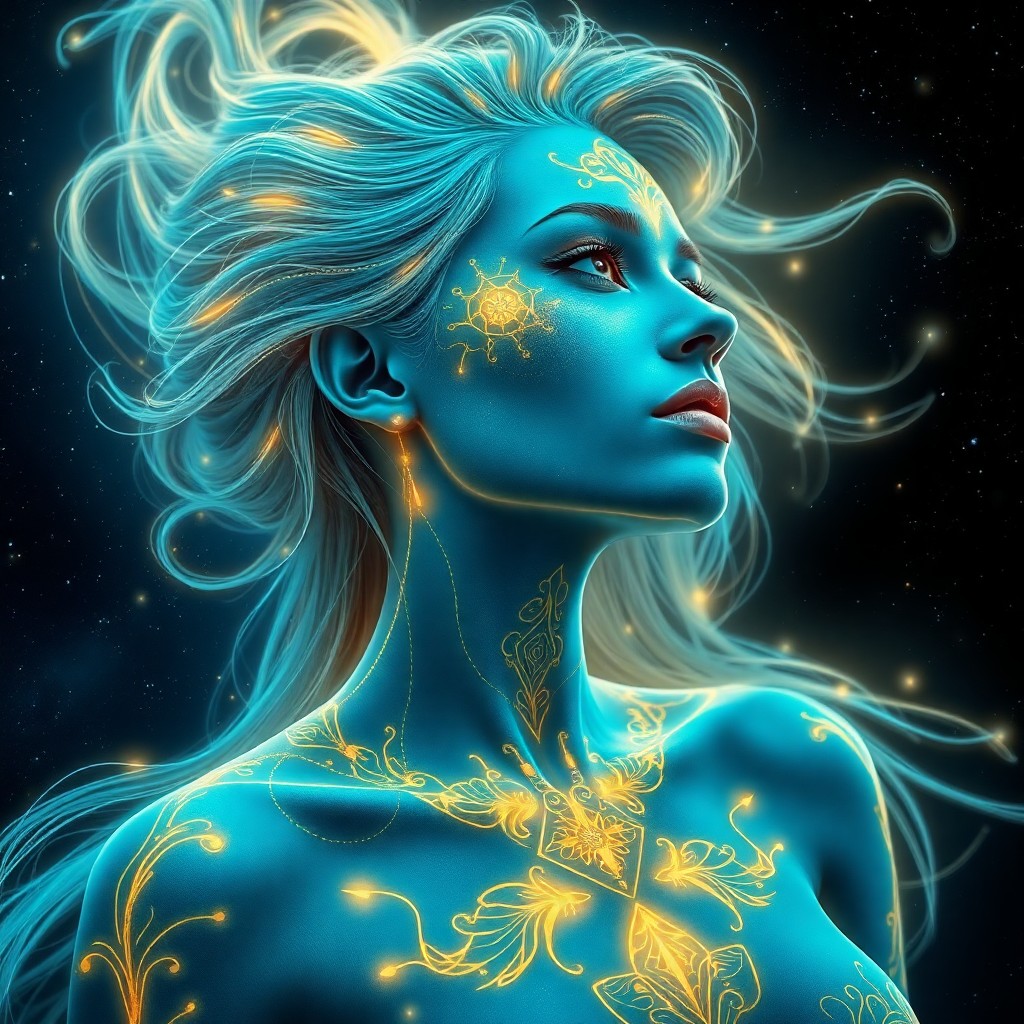 AI generated art for prompt: A surreal digital artwork portraying a celestial perspective of an ethereal female figure, her vibra