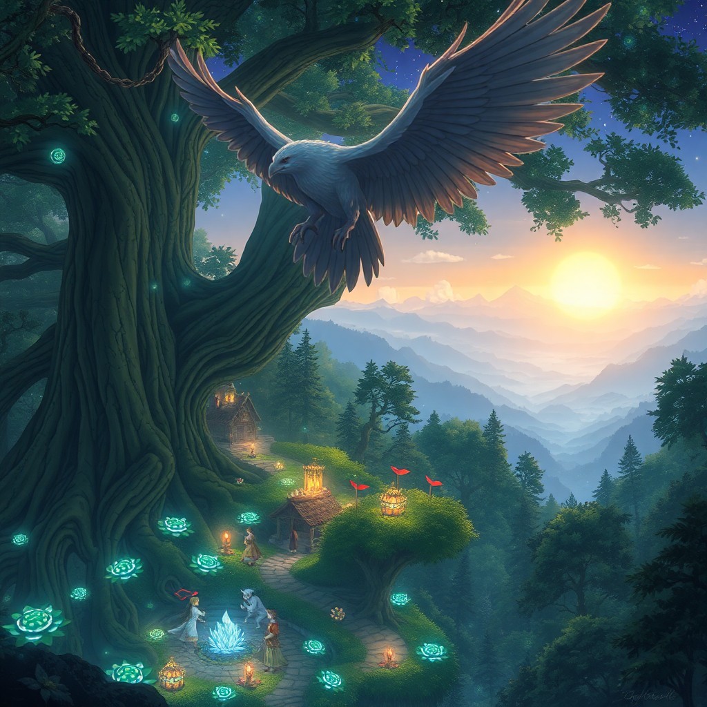 AI generated art for prompt: A scene of enchantment unfolds in an anime-inspired landscape, where a majestic griffin glides grace