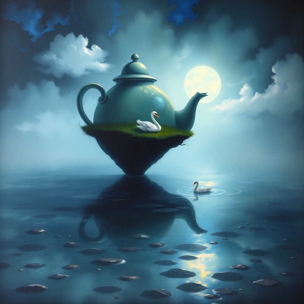 AI generated art for prompt: A whimsical oil painting showcasing an enchanting landscape where a teapot island floats mysteriousl