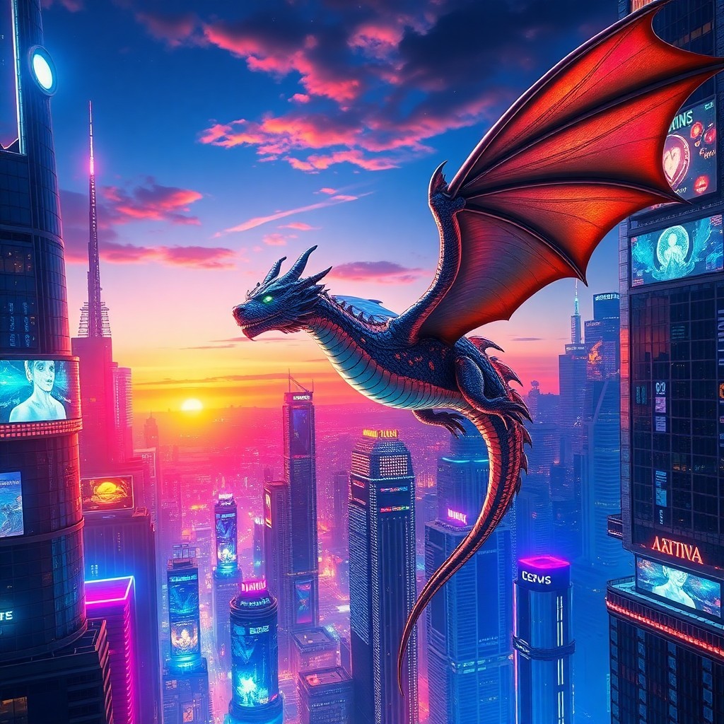 AI generated art for prompt: A mesmerizing digital artwork showcases a majestic dragon gracefully soaring through a dynamic, neon