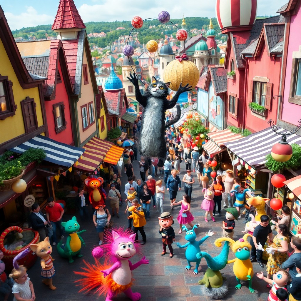 AI generated art for prompt: Envision a lively street festival in a whimsical world, observed from an aerial perspective that rev