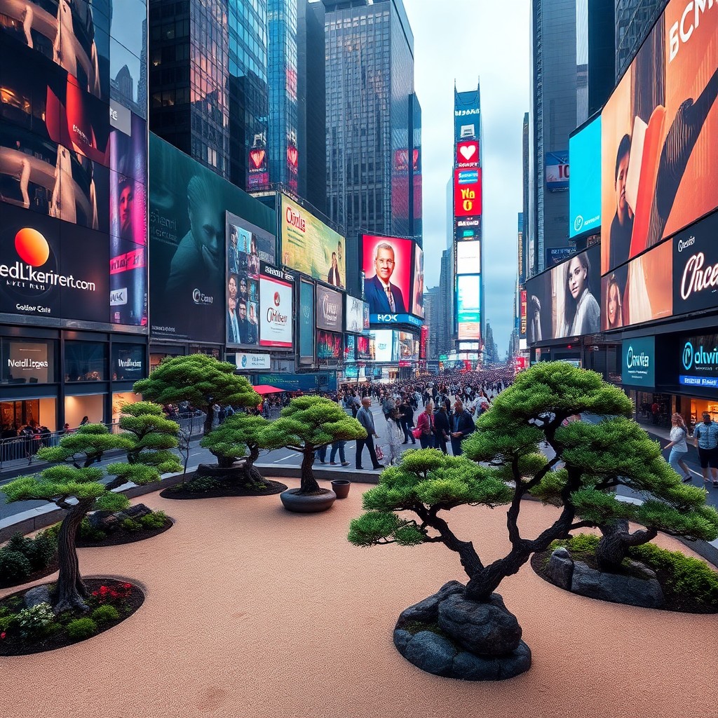 AI generated art for prompt: A surreal digital art composition juxtaposes a serene Zen garden with the bustling urban landscape o