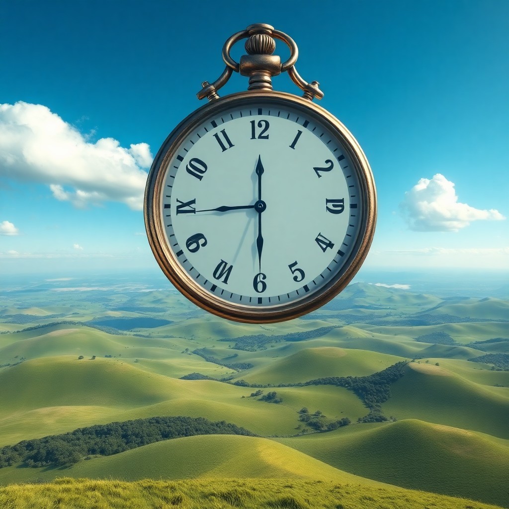 AI generated art for prompt: A surreal digital artwork depicts a colossal pocket watch floating above an idyllic landscape from a