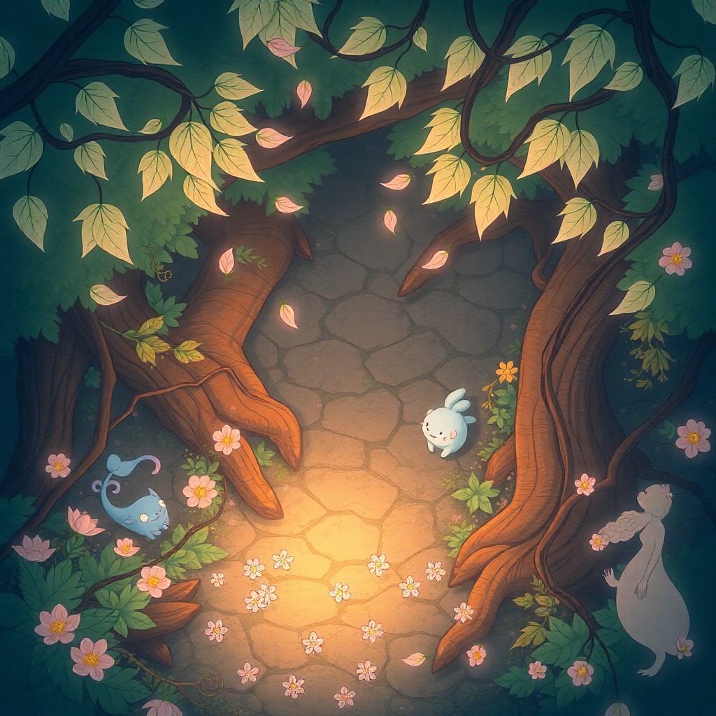 AI generated art for prompt: A whimsical illustration depicting a serene moment in an enchanted forest, reminiscent of the vibran