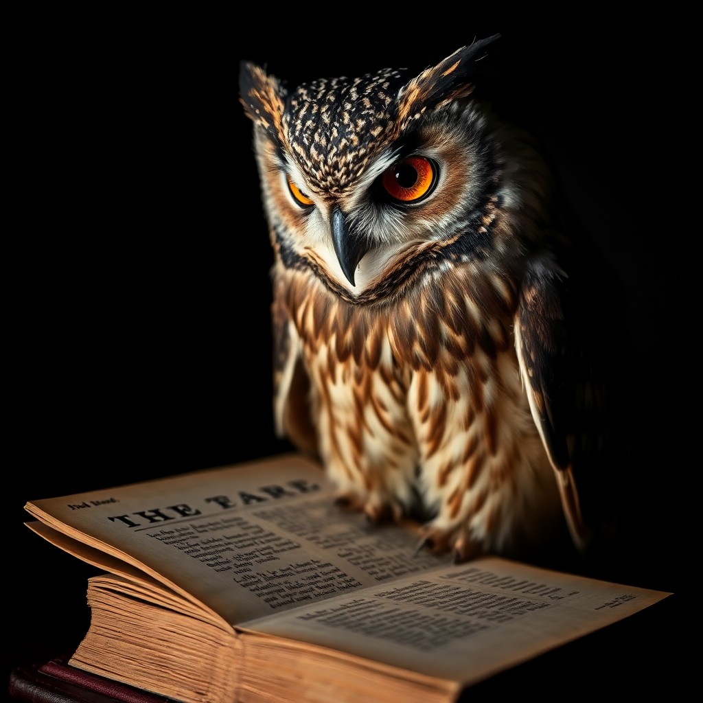 AI generated art for prompt: A detailed close-up portrait of an enigmatic owl perched on an aged book, reminiscent of Renaissance