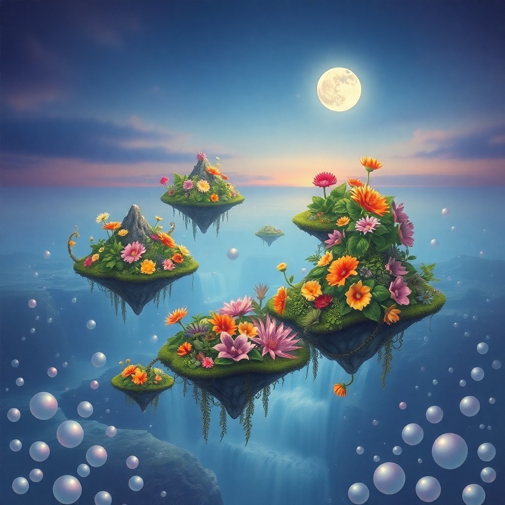 AI generated art for prompt: A dreamlike landscape unfolds beneath an ethereal twilight sky, where floating islands of lush, vibr