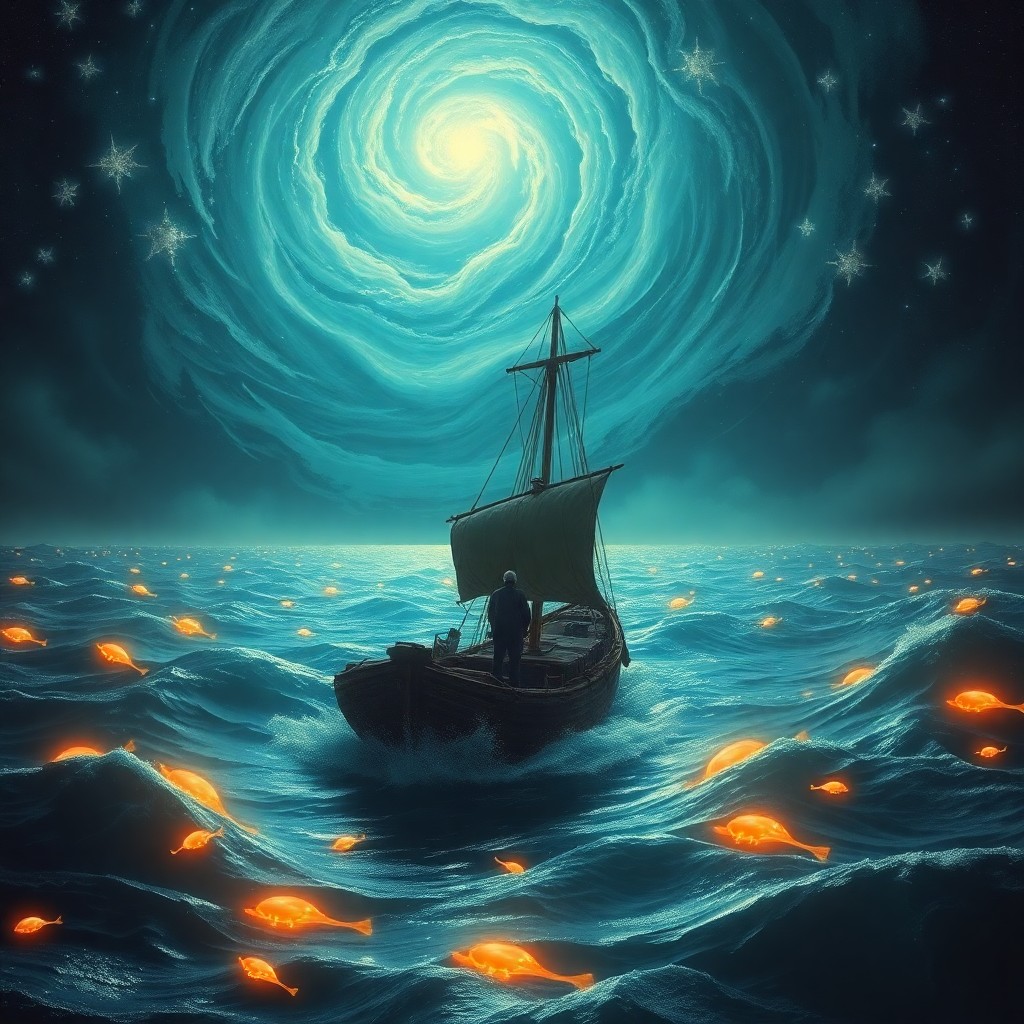 AI generated art for prompt: A breathtaking seascape emerges under a swirling celestial display, where an aged sailor navigates h