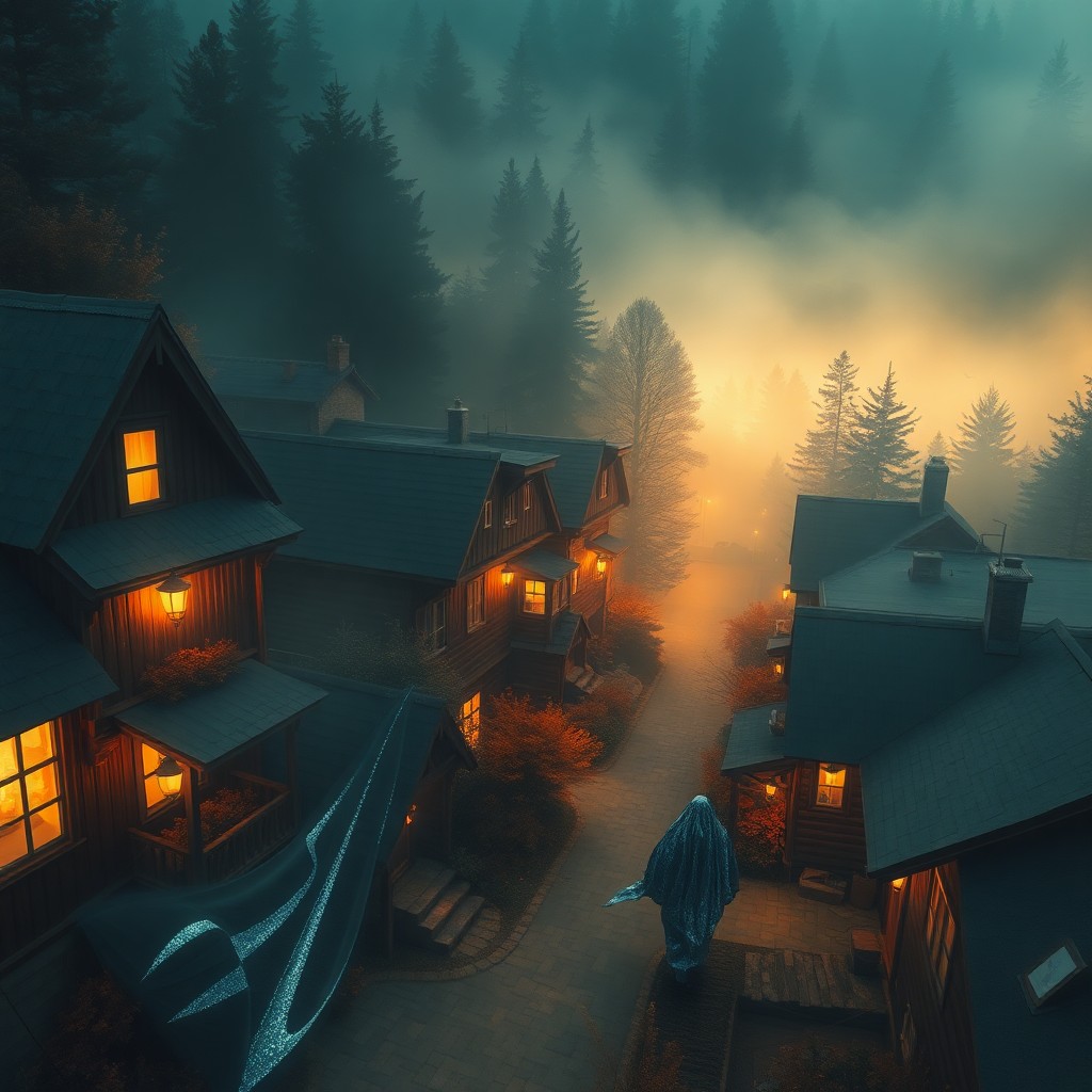 AI generated art for prompt: A mesmerizing digital artwork portraying an enchanting autumn evening in a quaint small town nestled