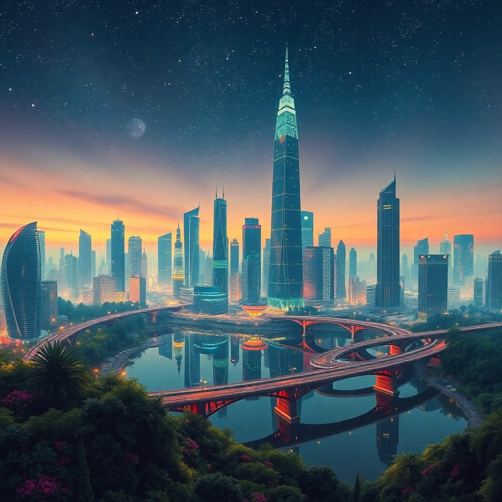 AI generated art for prompt: A surreal digital painting captures a vibrant cyber-cityscape at dusk from an aerial viewpoint, remi