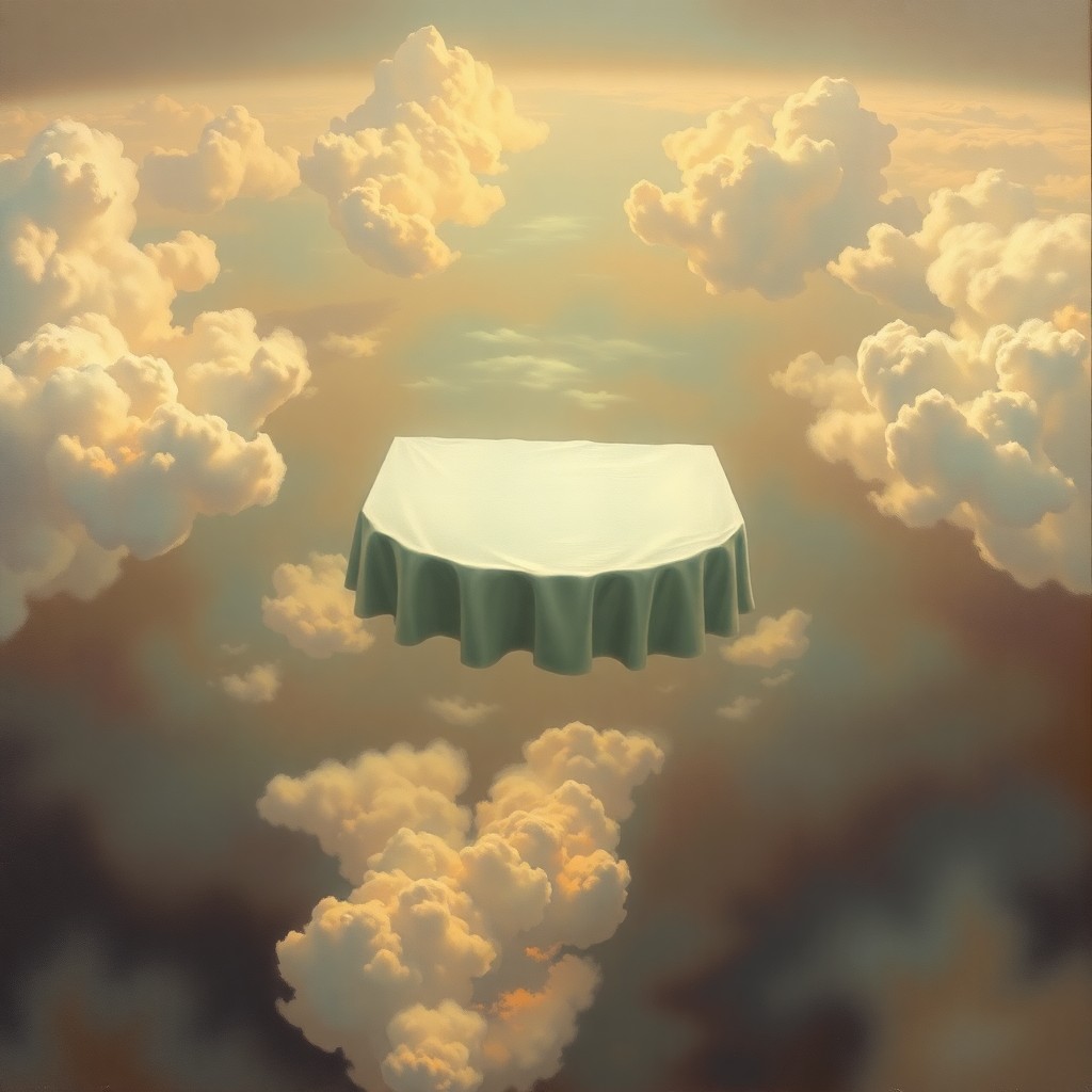 AI generated art for prompt: Create an enigmatic dreamscape with a floating tablecloth hovering over a vast void, reminiscent of 