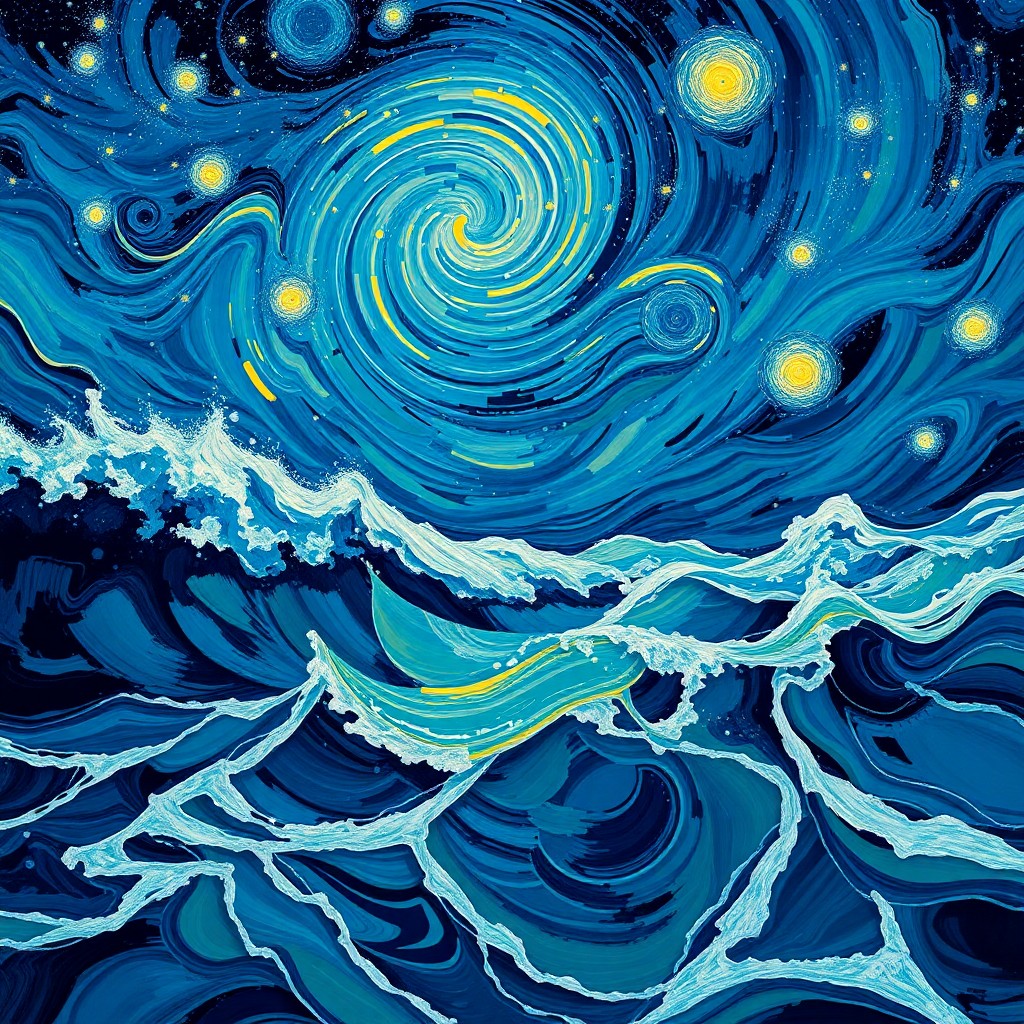 AI generated art for prompt: Visualize an alluring seascape in a striking style reminiscent of Vincent van Gogh's bold brushstrok