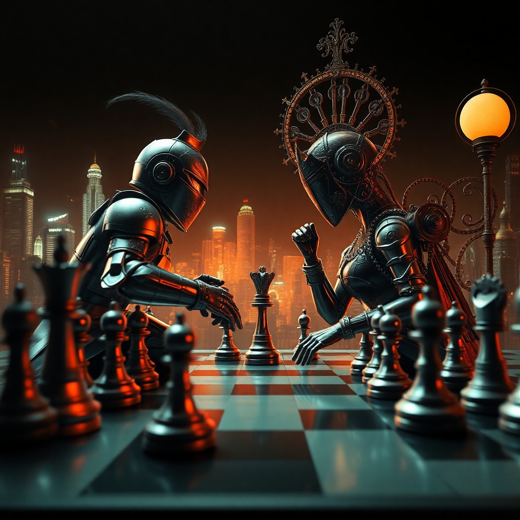 AI generated art for prompt: A digital artwork in the chiaroscuro style, depicting an extraordinary chess match between a cyberpu