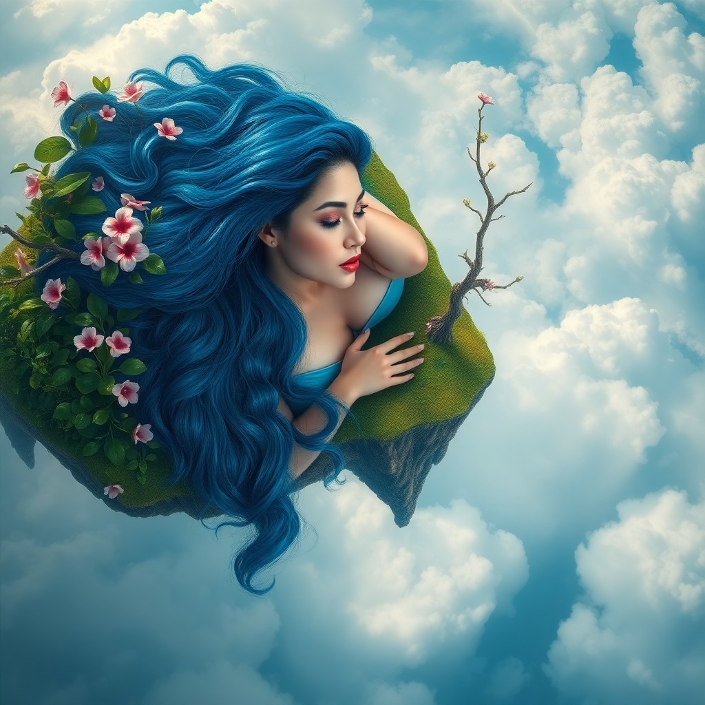 AI generated art for prompt: A mesmerizing portrait in the vein of surrealist art depicts a woman with rich, deep blue hair flowi