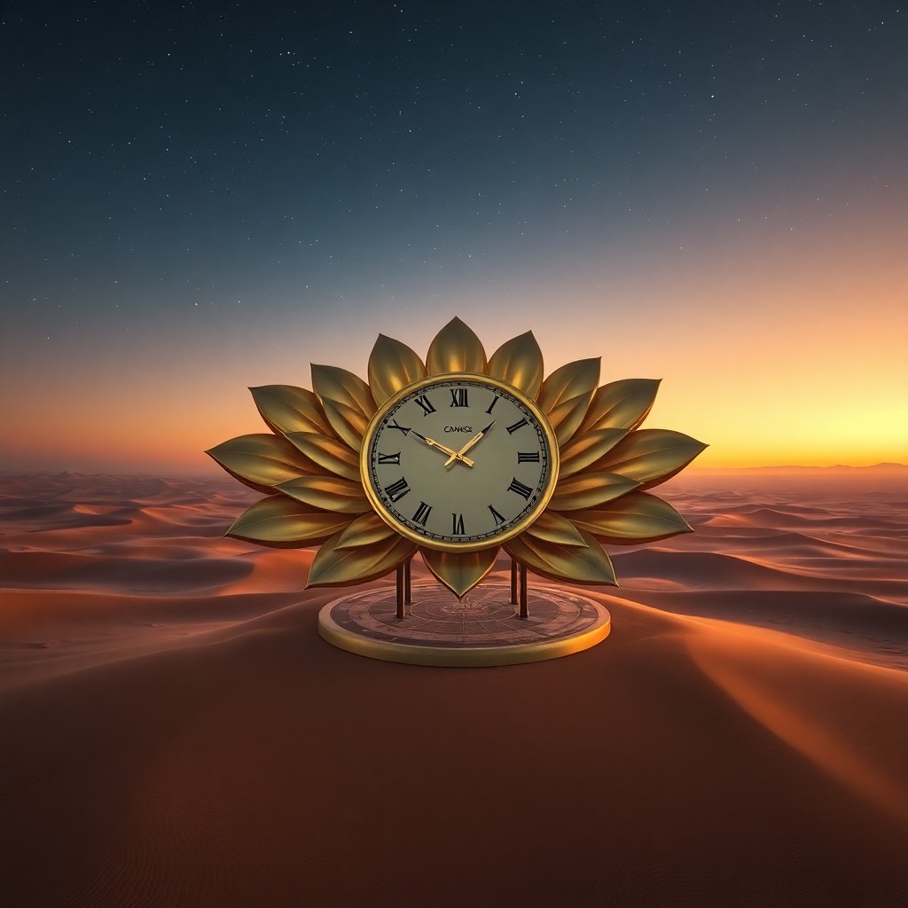 AI generated art for prompt: Depict a vast desert landscape bathed in the warm hues of dusk, where an immense golden timepiece re