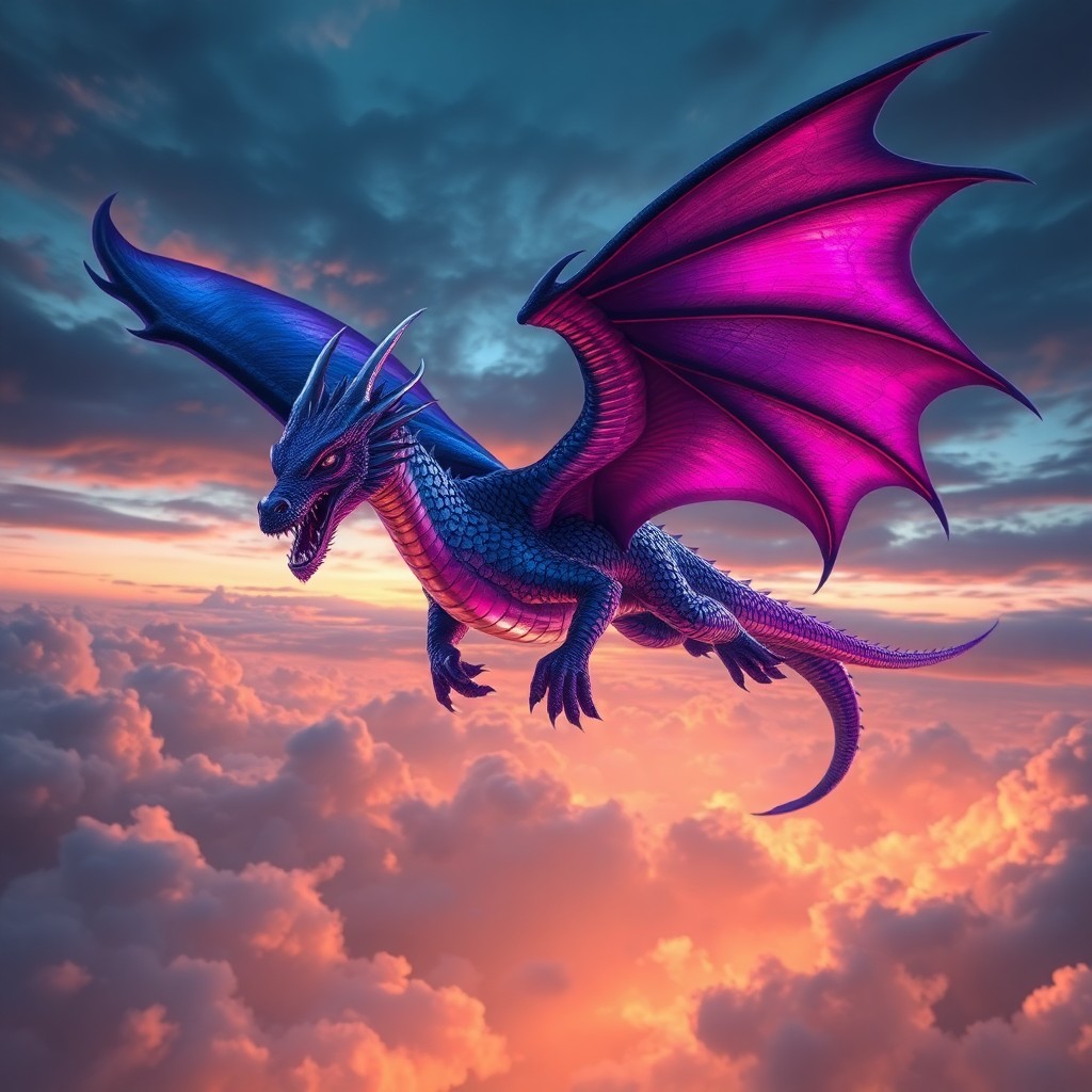 AI generated art for prompt: Imagine a digital artwork depicting a grand dragon soaring through a tempestuous sky at dusk, remini