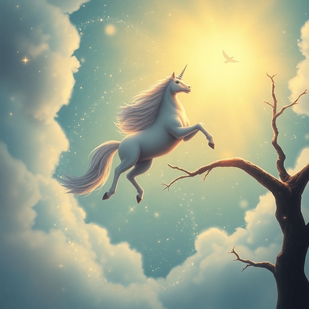 AI generated art for prompt: Imagine an enchanting fairy tale illustration capturing a majestic creature gracefully descending fr