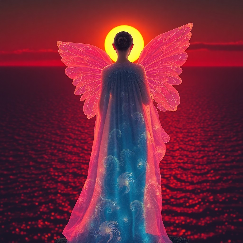 AI generated art for prompt: A captivating digital art portrait of an enigmatic female figure draped in a luminous, ethereal gown