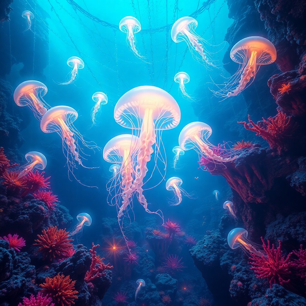 AI generated art for prompt: An entrancing digital art depiction captures an enchanting underwater realm where luminous jellyfish