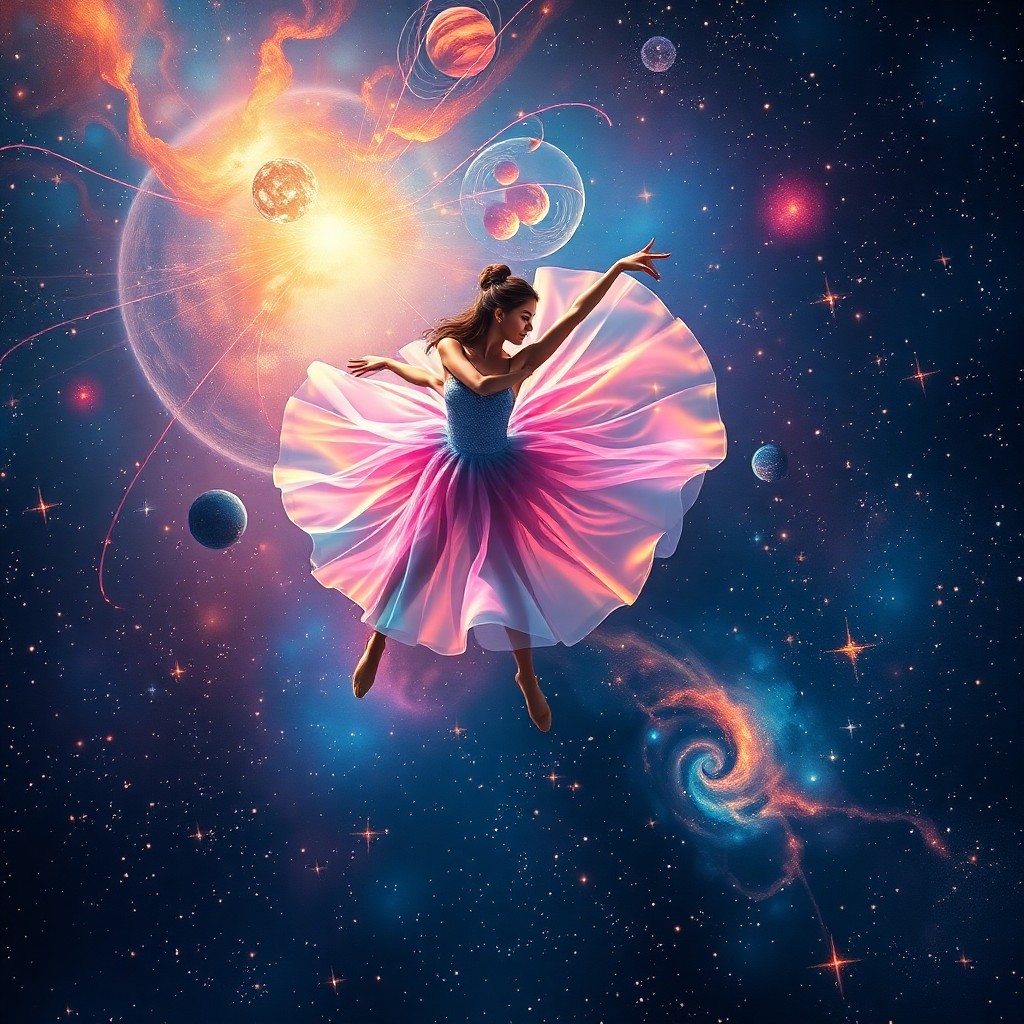 AI generated art for prompt: Create an image of a celestial dancer gracefully performing in a cosmic waltz across a star-studded 