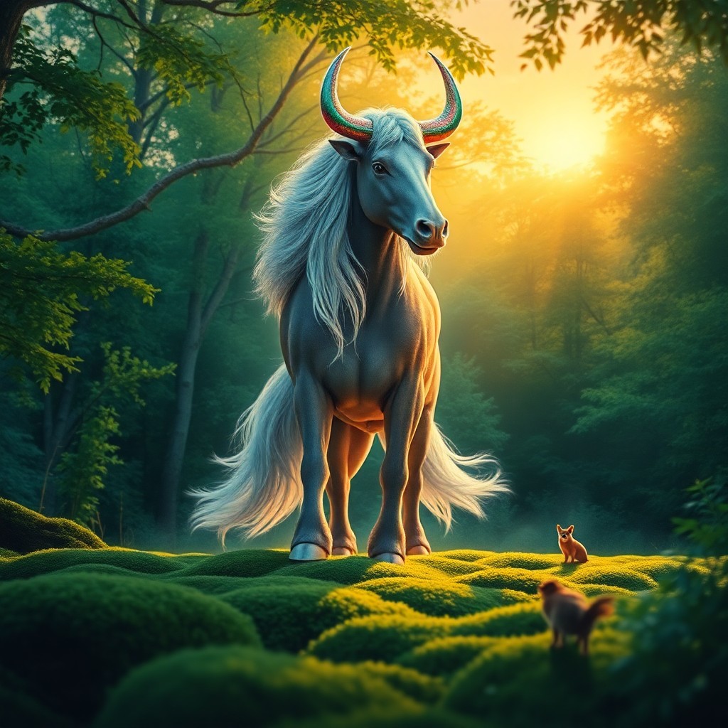 AI generated art for prompt: A majestic mythical beast stands regally in a verdant, vibrant forest at sunset, its iridescent horn