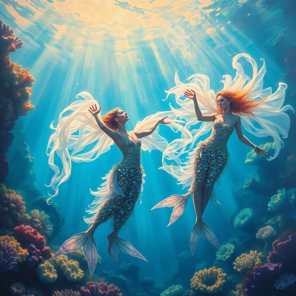 AI generated art for prompt: Imagine an enchanting oil painting depicting a whimsical underwater performance within a grand coral