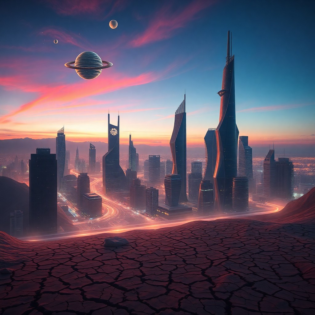 AI generated art for prompt: A surreal, dreamlike cityscape unfolds under the twilight sky, its futuristic architecture warped an