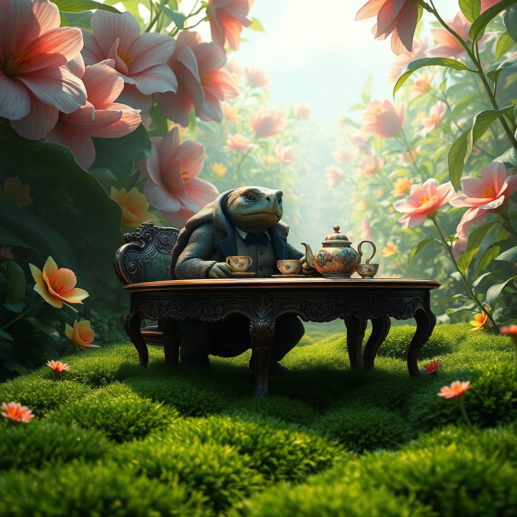 AI generated art for prompt: An intricate digital artwork merges surrealism with whimsical charm, depicting a wise tortoise adorn