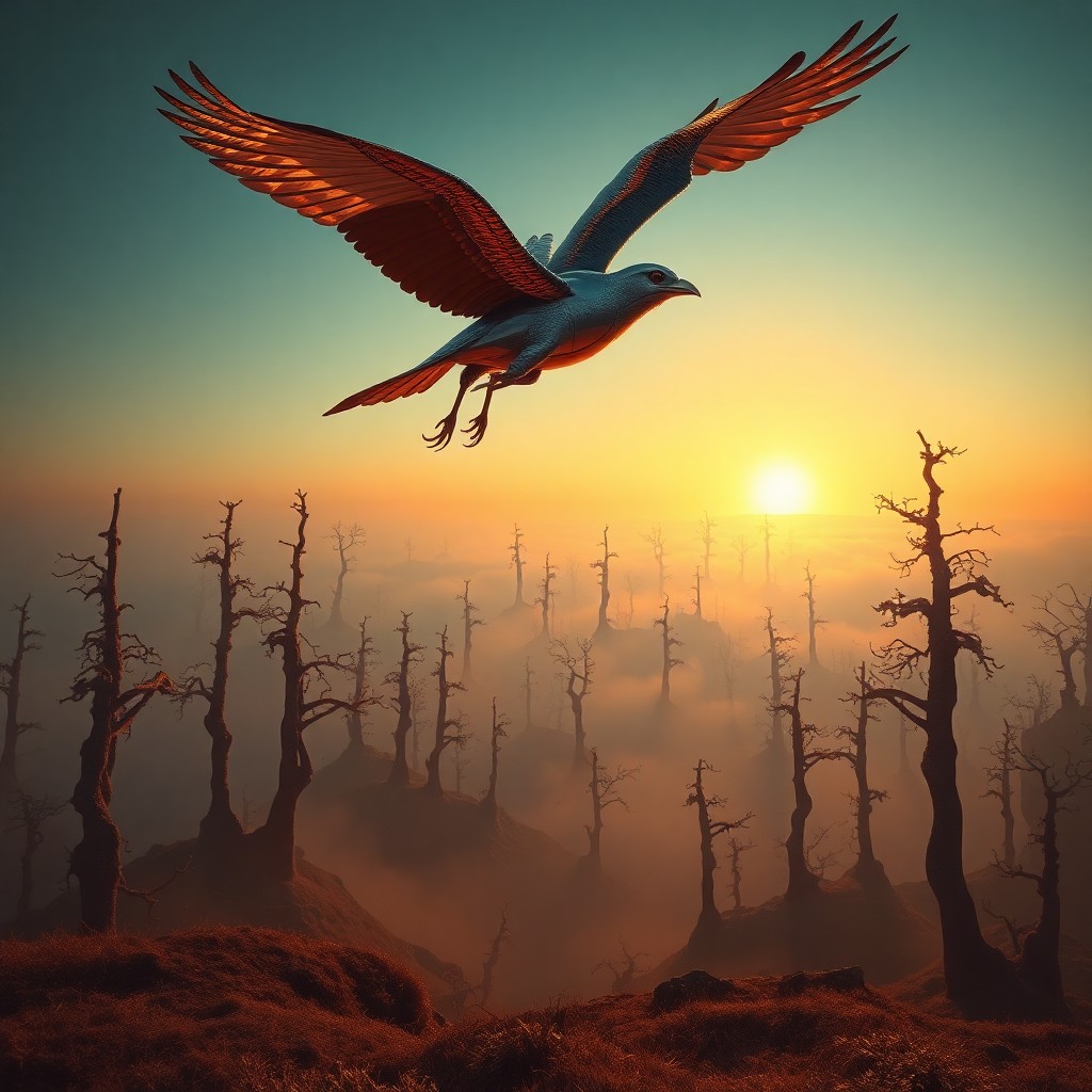 AI generated art for prompt: A surreal portrait of a mechanical avian creature suspended in mid-flight above a vast, misty landsc