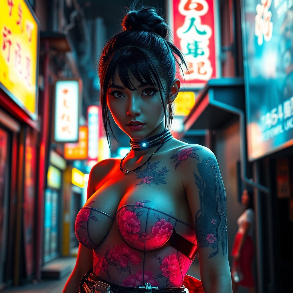 AI generated art for prompt: A cyberpunk portrait captures a Japanese samurai woman standing defiantly in a futuristic alleyway, 