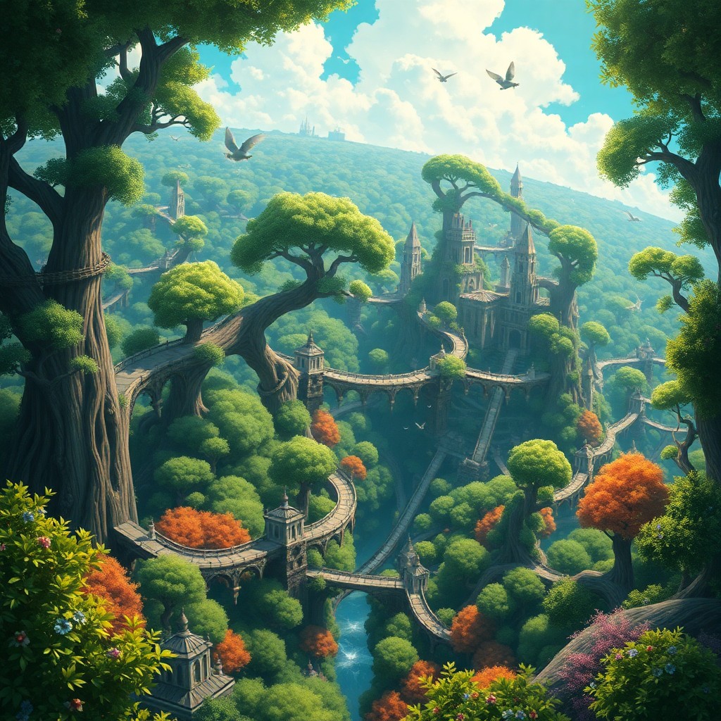 AI generated art for prompt: A fantastical digital art piece capturing the whimsy of a Studio Ghibli-inspired realm and the intri