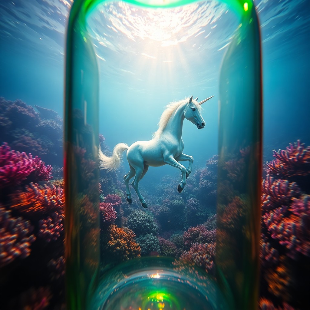 AI generated art for prompt: A surreal underwater scene depicts a majestic unicorn gracefully swimming through a vibrant coral re