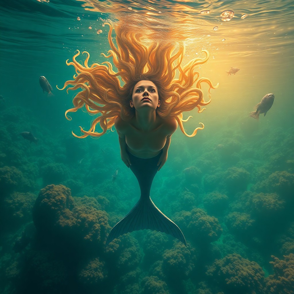 AI generated art for prompt: A serene underwater scene is captured in this photorealistic digital illustration, blending the ethe