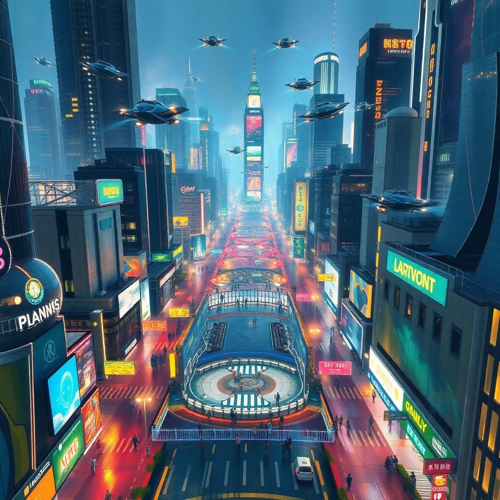 AI generated art for prompt: A futuristic cityscape at night, captured from an aerial viewpoint, showcases a bustling metropolis 