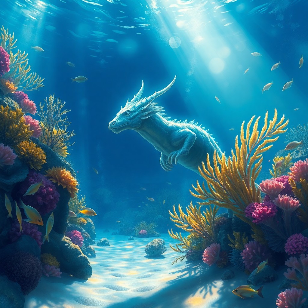 AI generated art for prompt: A dreamy underwater scene showcases a tranquil coral reef bustling with colorful marine life, where 