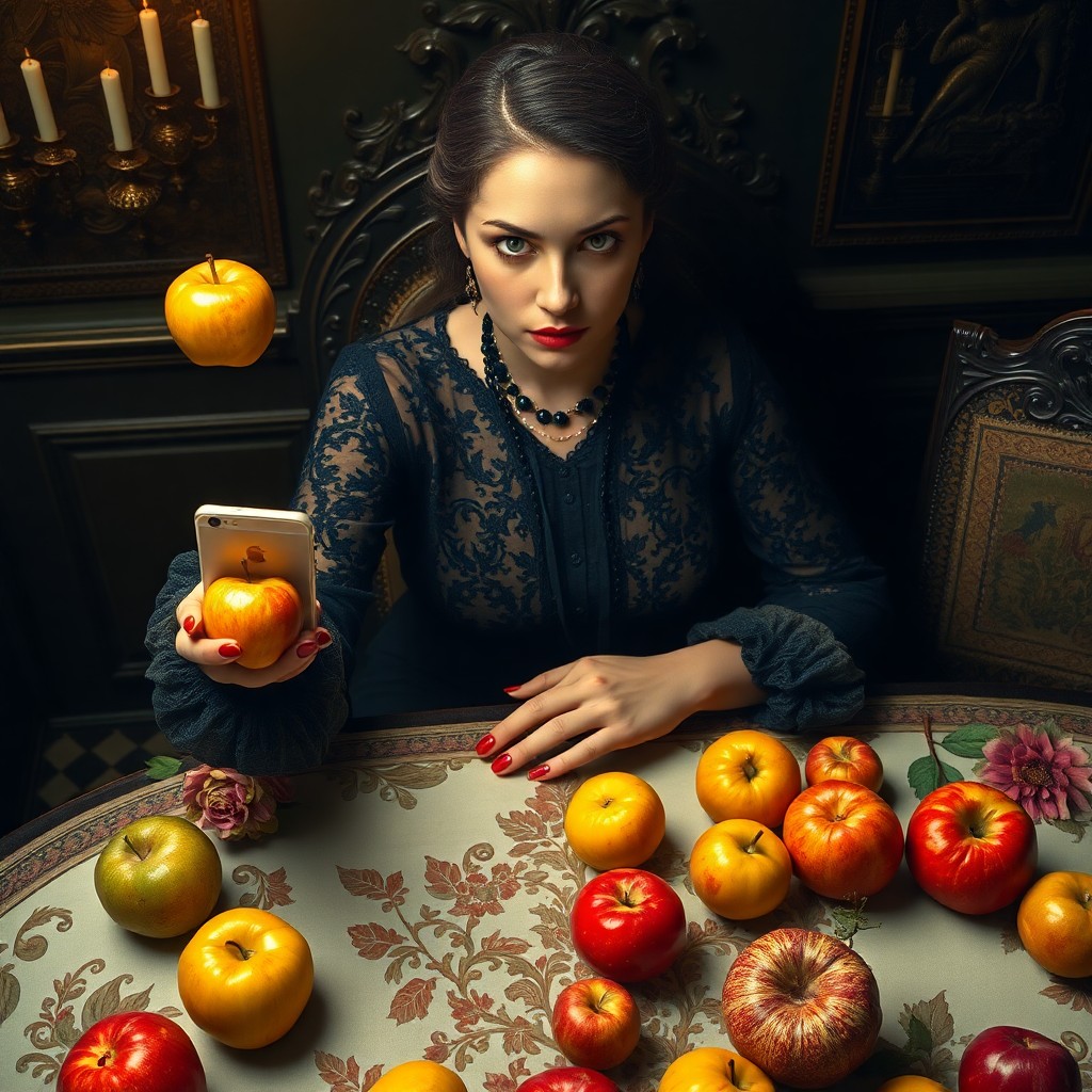 AI generated art for prompt: A surreal portrait depicting a woman seated at an ornate table adorned with vibrant fruits, exuding 