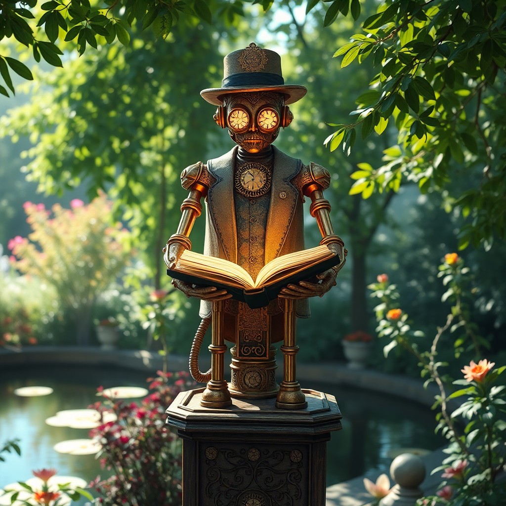 AI generated art for prompt: A mesmerizing digital artwork blends Steampunk and Art Nouveau elements to depict an enchanting scen