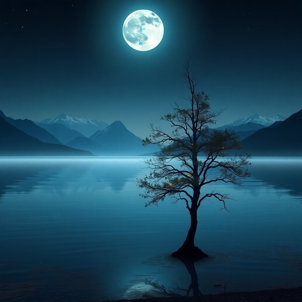 AI generated art for prompt: Envision a tranquil landscape illuminated by the mystical glow of a full moon, exuding an enchanting