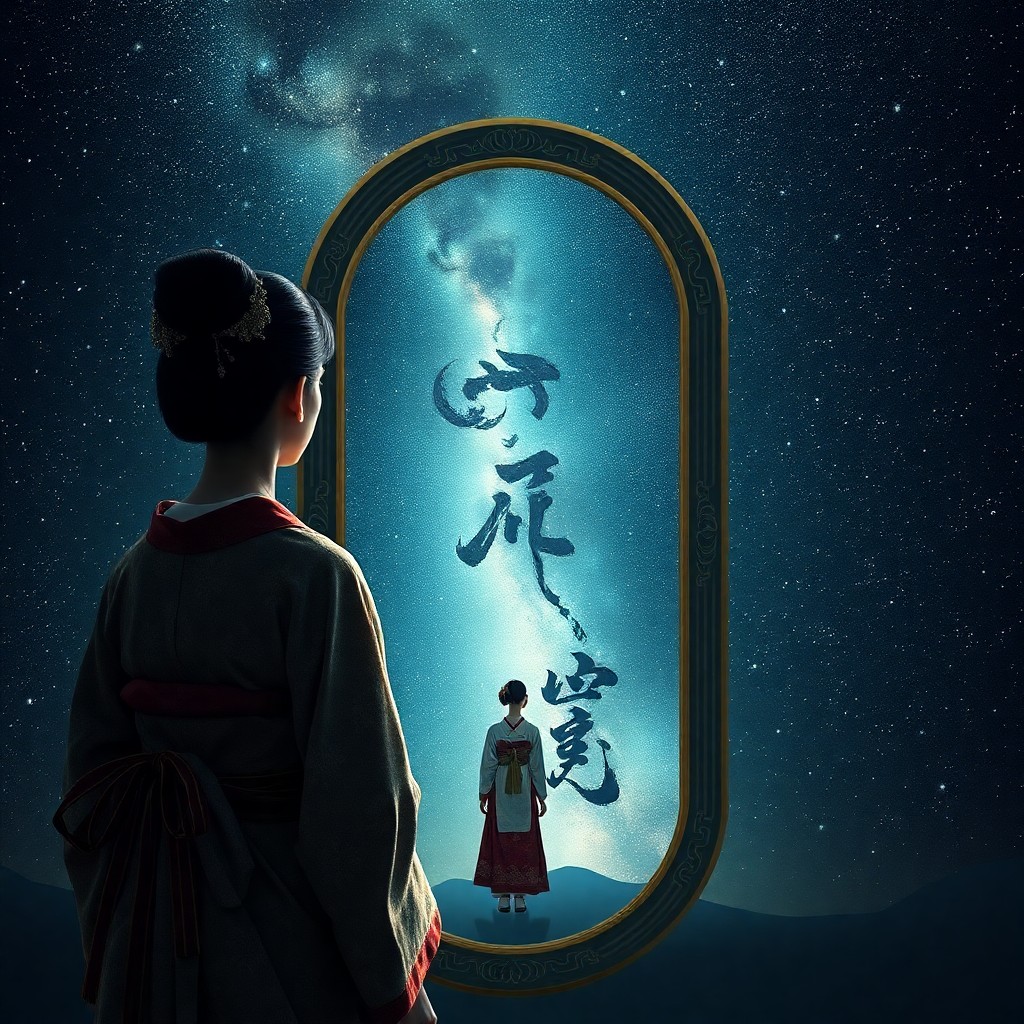 AI generated art for prompt: A surreal digital artwork depicting a woman in traditional Japanese attire standing before an enigma