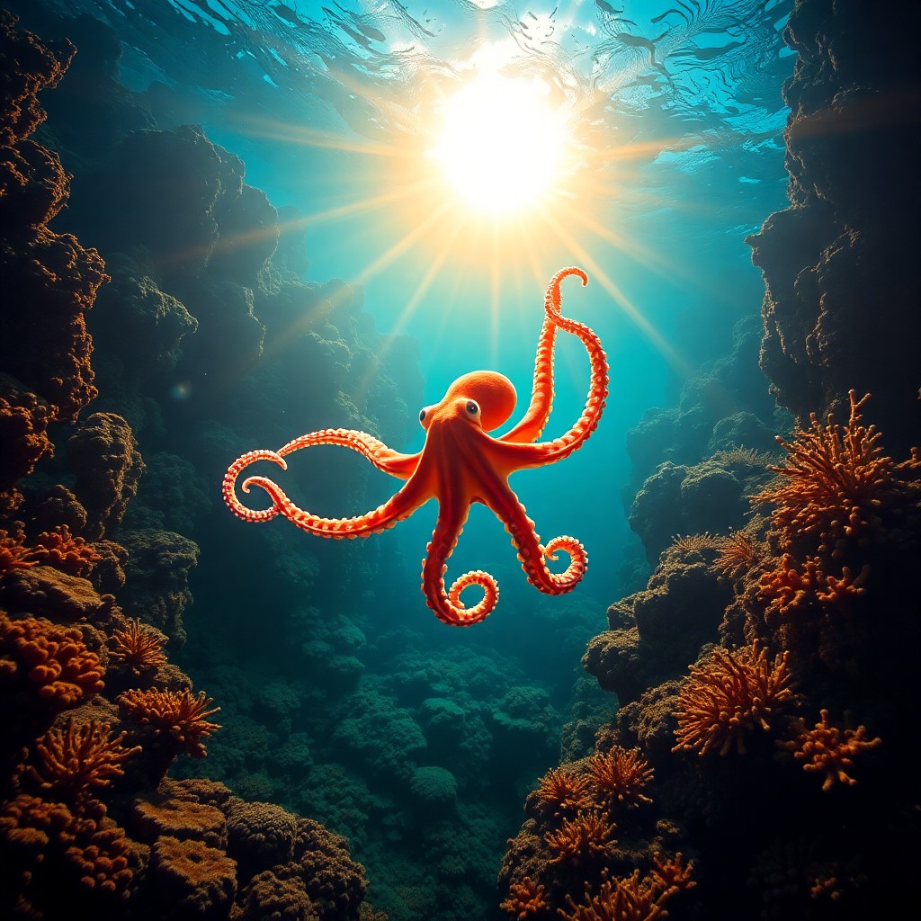 AI generated art for prompt: A mesmerizing underwater scene showcases an elegant octopus gliding through a complex coral reef sys