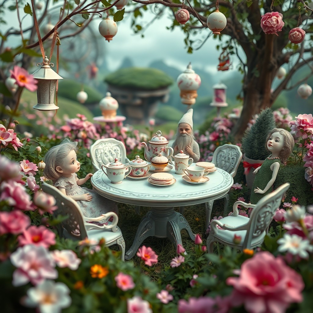 AI generated art for prompt: A captivating digital artwork depicts an enchanting tea party scene nestled within an overgrown gard