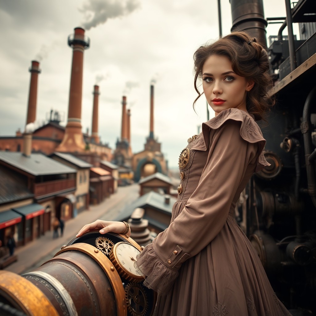 AI generated art for prompt: A portrait of a young woman in Victorian-inspired attire, with intricate brass gears and cogs seamle