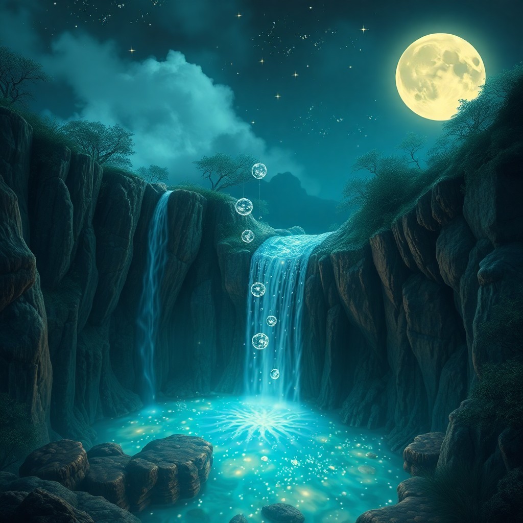 AI generated art for prompt: A captivating digital artwork showcases an enchanting moonlit landscape, featuring a mesmerizing wat