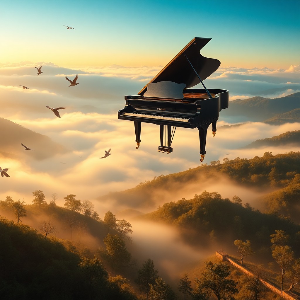 AI generated art for prompt: Imagine an enchanting dream landscape where a grand piano gracefully hovers above a tranquil valley 